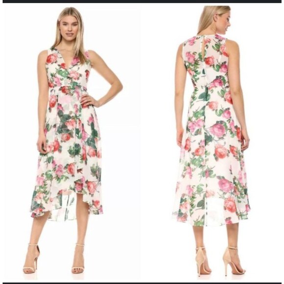 Calvin Klein Dress Sz 6 Maxi Flare Faux Wrap Sleeveless High-Low Chiffon Floral - Picture 1 of 14